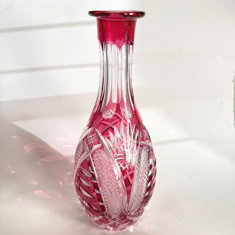 handcut Crystal Vase/decanter? Intricate‎ Ruby/Pink Clear cut/Etched 9.25" - Picture 9 of 9